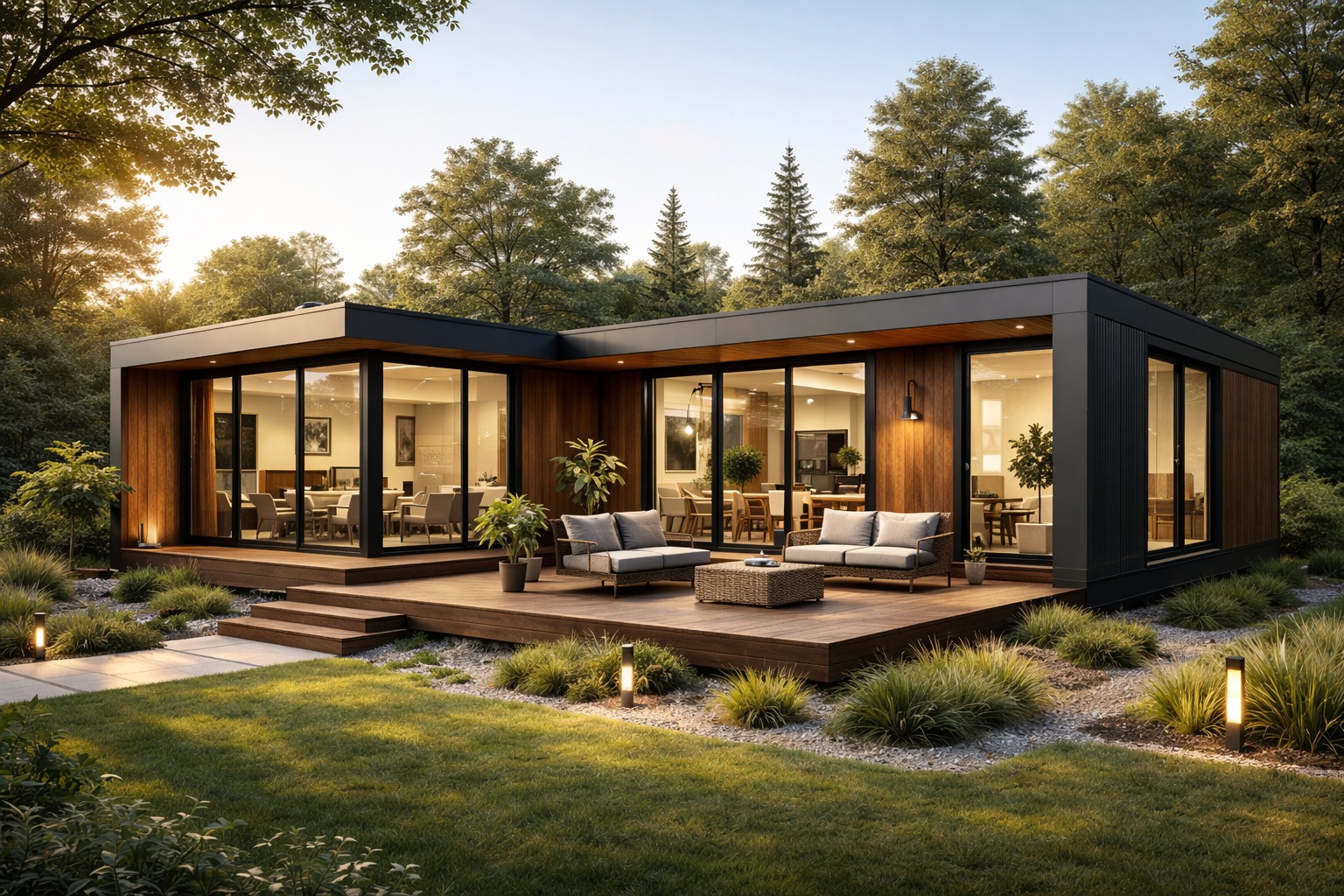 Casa modular com acabamento em madeira